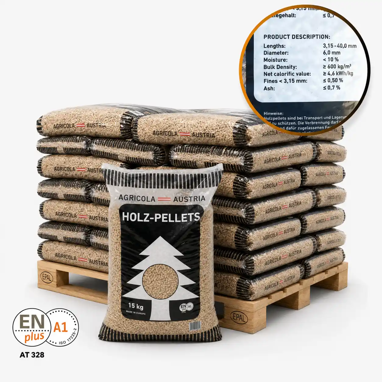Agricola Pellets – Full Pallet (65 x 15 kg) 5 Agricola Pellets – Full Pallet (65 x 15 kg) – Wood pellets, Agricola pellets, half pallet, 15 kg bags, black