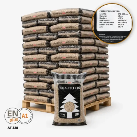 Agricola Pellets - Palette complète (65 x 15 kg) - Granulés de bois Agricola Pellets, palette complète, sacs de 15 kg, noirs