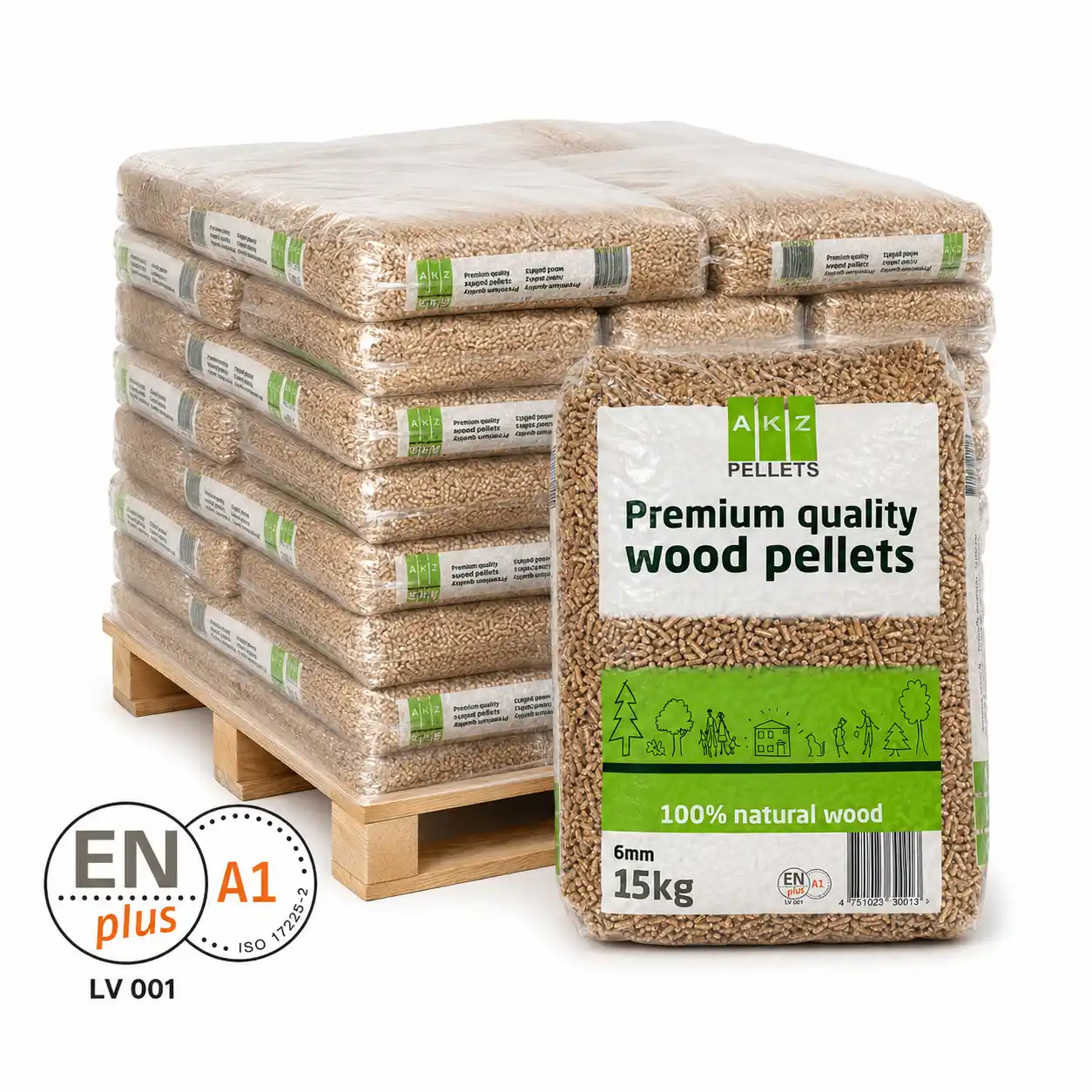 AKZ Premium Pellets – Full Pallet (65 x 15 kg) 2 AKZ Premium Pellets half-pallet (33 x 15 kg) – Wood pellets, AKZ pellets, half-pallet, 15 kg bags