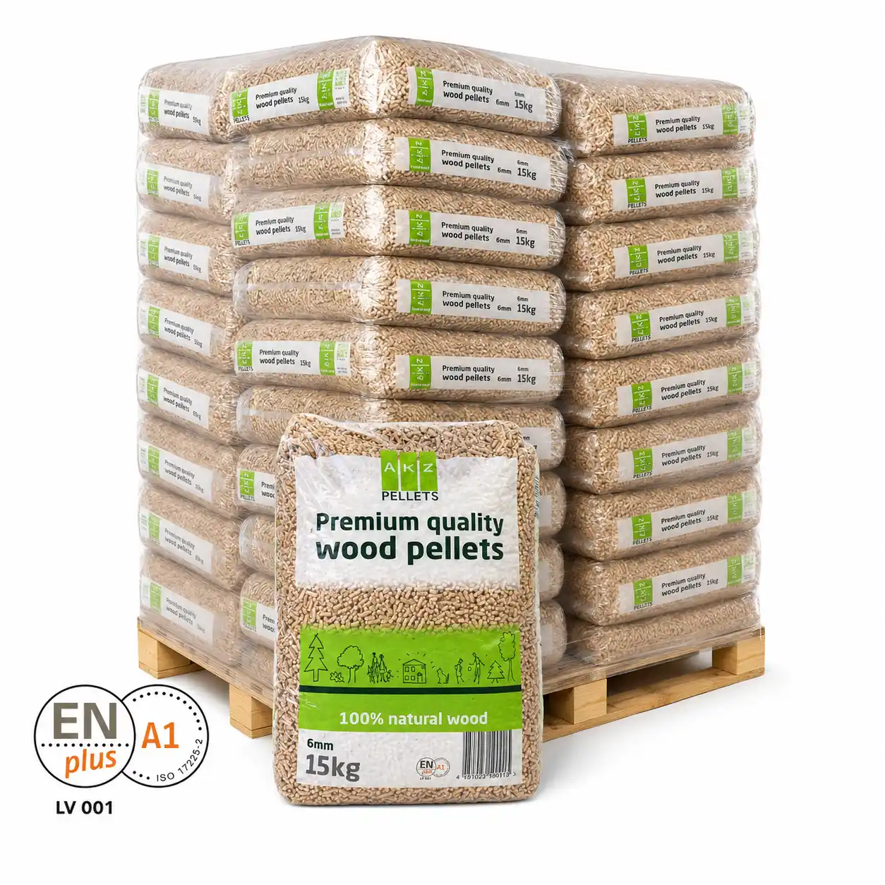 AKZ Premium Pellets – Full Pallet (65 x 15 kg) 1 AKZ Premium Pellets half-pallet (33 x 15 kg) – Wood pellets, AKZ pellets, full pallet, 15 kg bags