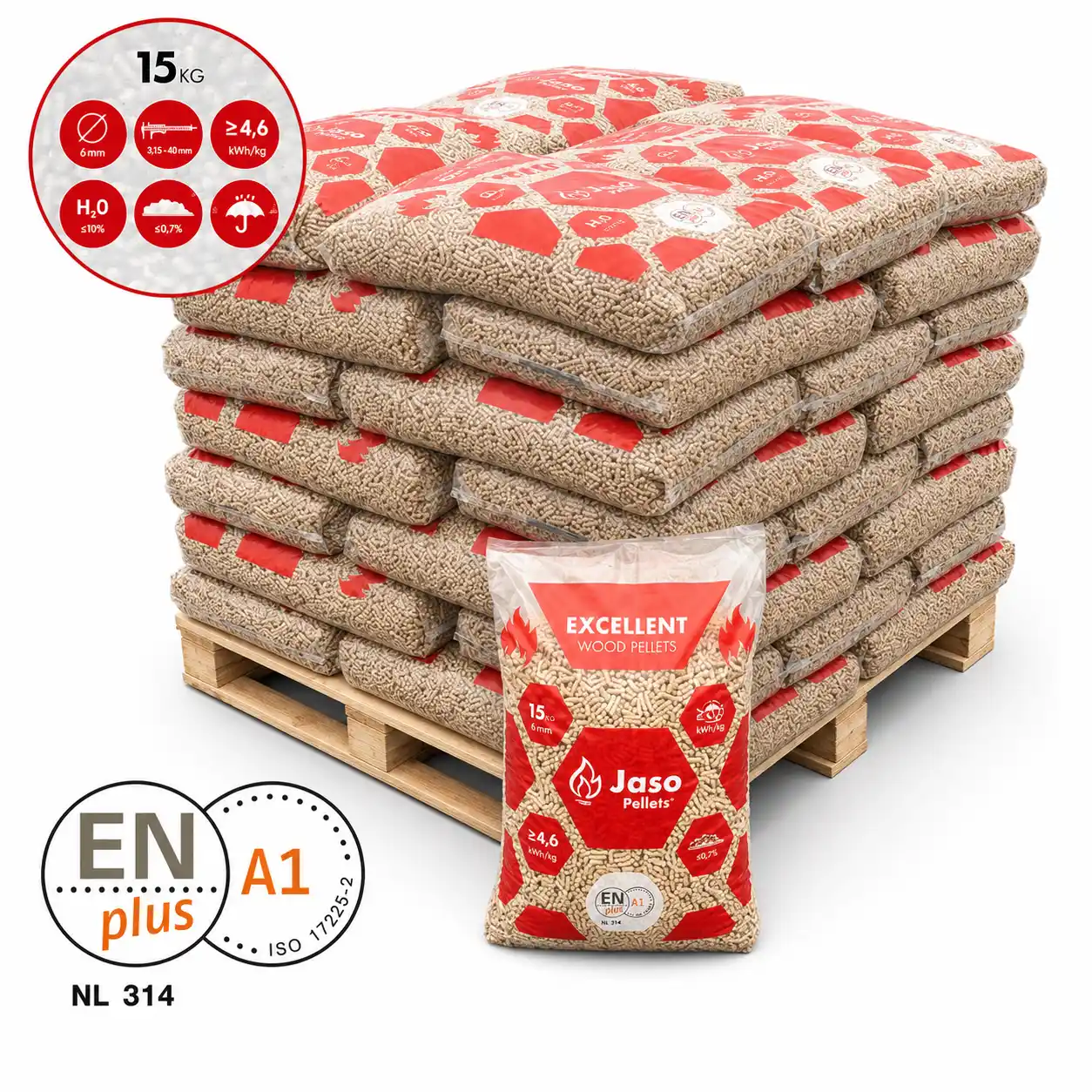 Jaso Pellets Zak 15kg – Enplus A1 – 6mm 3 Jaso Pellets Zak 15kg, Enplus A1, 6mm - Houtpellets jasso pellets hele pallet 15kg zakken