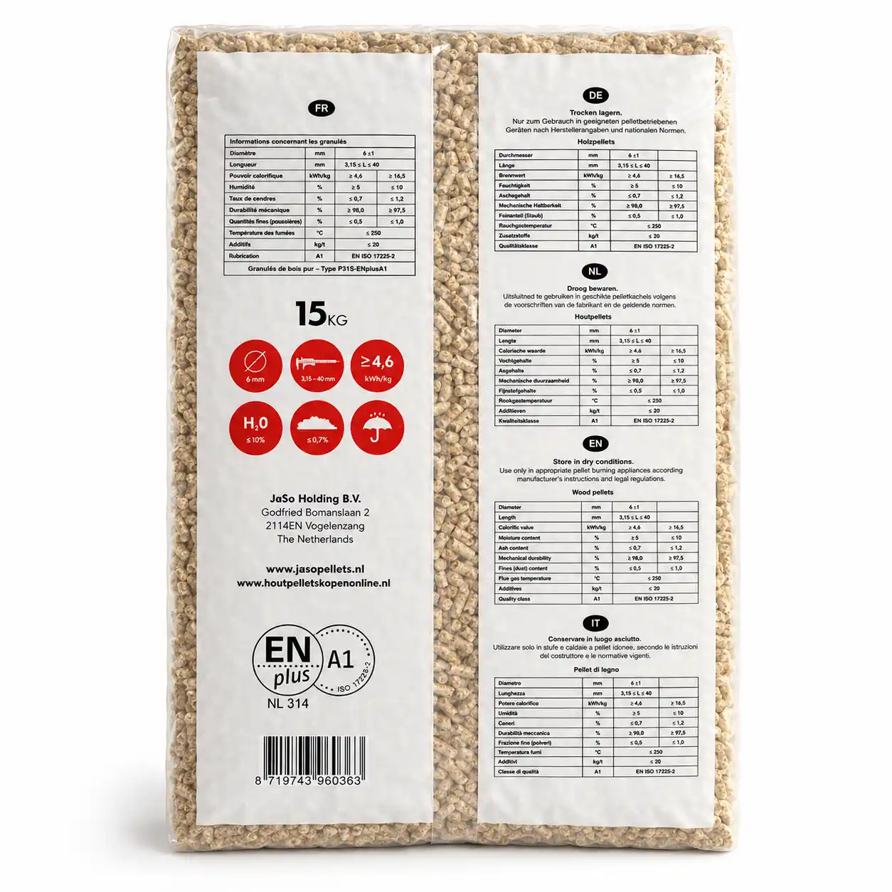 Jaso Pellets Zak 15kg – Enplus A1 – 6mm 2 Jaso Pellets Zak 15kg, Enplus A1, 6mm - Houtpellets jasso pellets zakken 15kg